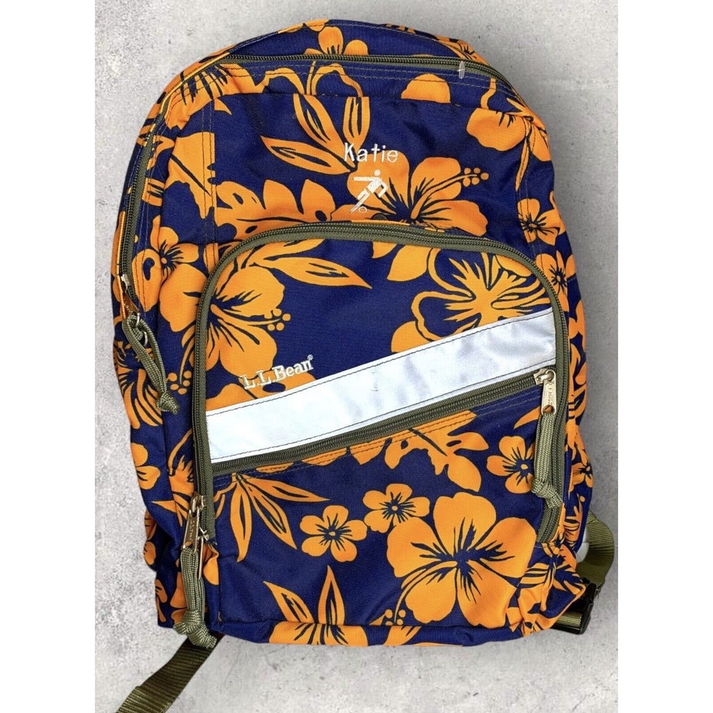 LL Bean Large JULIE Backpack Hawaiian Floral Blue Tropical Orange Bag READ